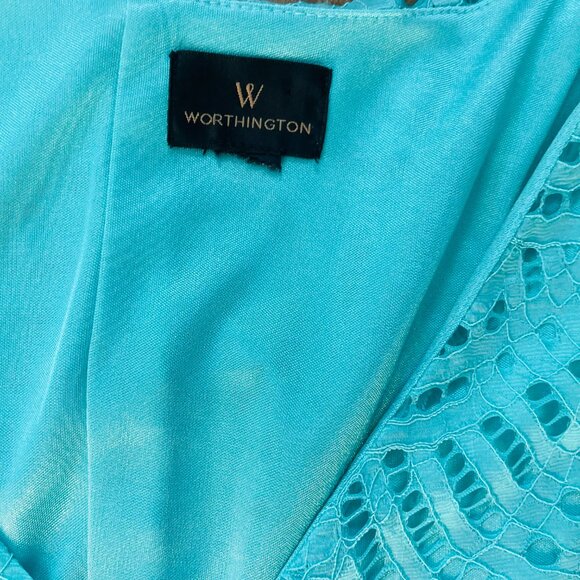 Worthington Turquoise Lace Shift Dress with Flutter Sleeves | Size Large - Picture 2 of 8